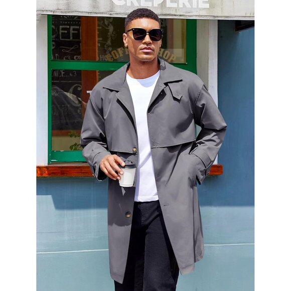 Mens  Grey Breasted Slim Fit Long Jackets Casual Fall Windbreak Trench Coat - Picture 2 of 5